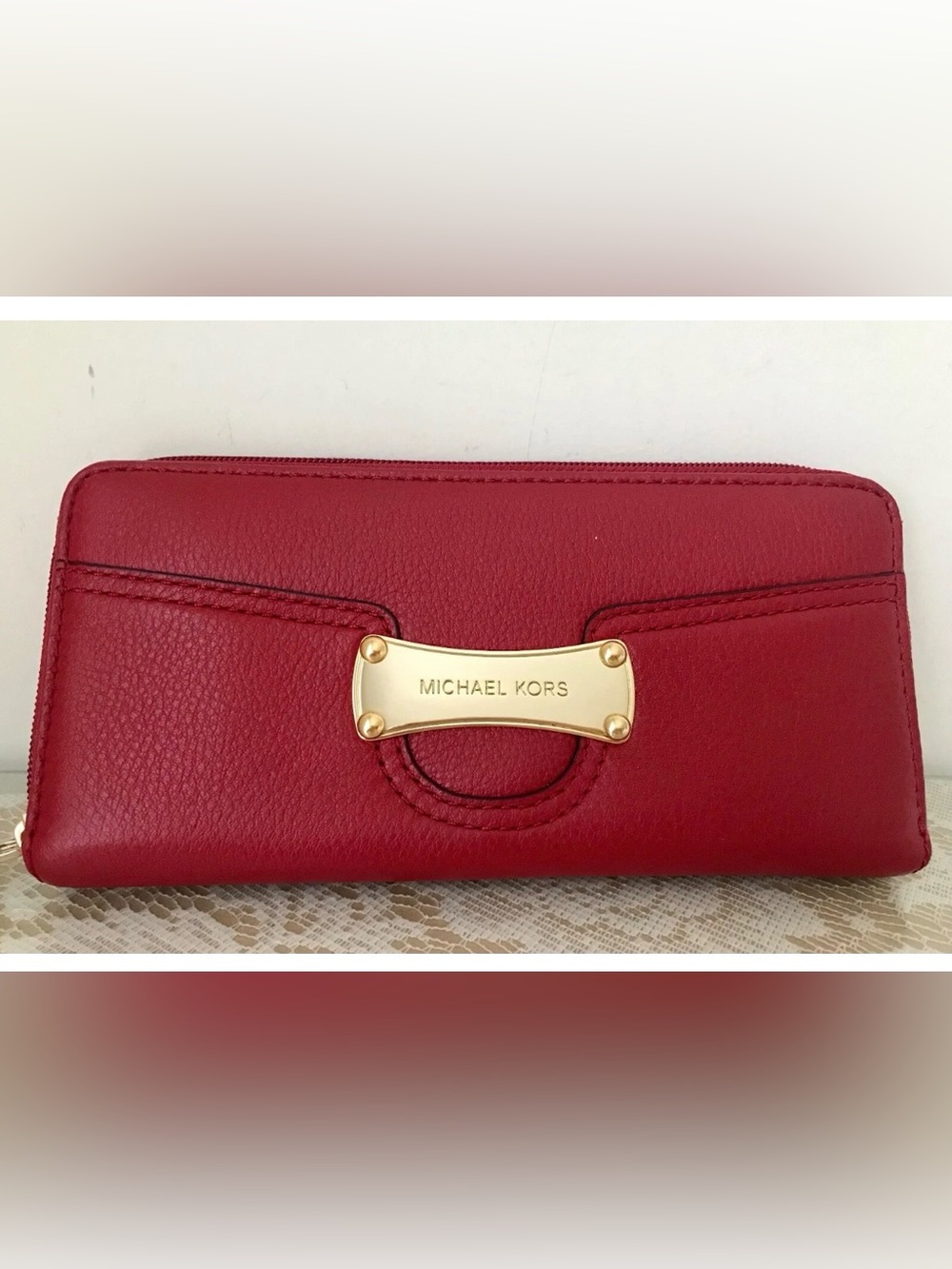 Michael Kors Red Pebbled Leather Wallet with Gold Plaque